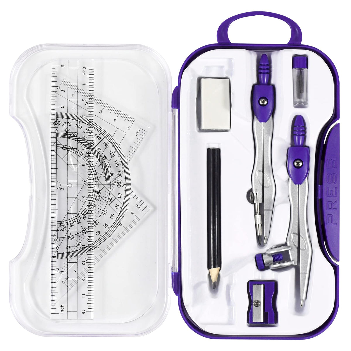 Unjoo Geometry Set 10 Pcs Student Supplies,Protractor and Compass,Navy Blue