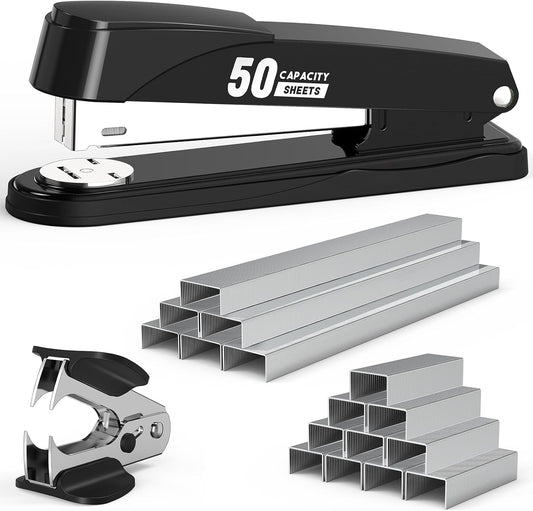Metal Stapler Heavy Duty 50 Sheet Capacity with 1750 Staples and Staple Remover, Full Strip Staplers for Desk, No Jam, Non-Slip for Office & Classroom, Black