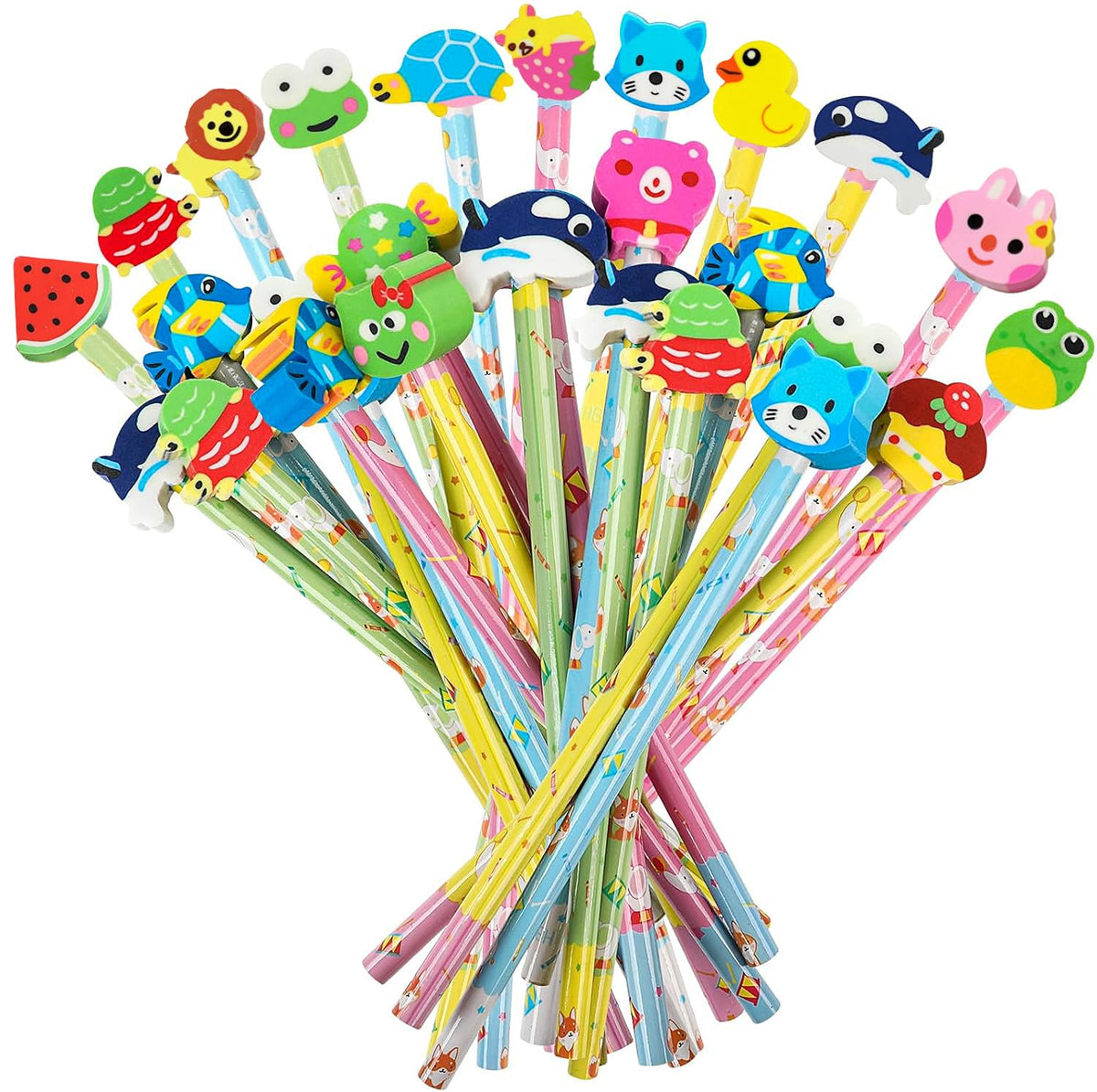 DIYASY 50 Pcs Cute Pencils with Eraser Toppers, Cartoon Animal Wood Pencil Bulk Party Favor Supplies Classroom Rewards Prizes Stationery for Kids