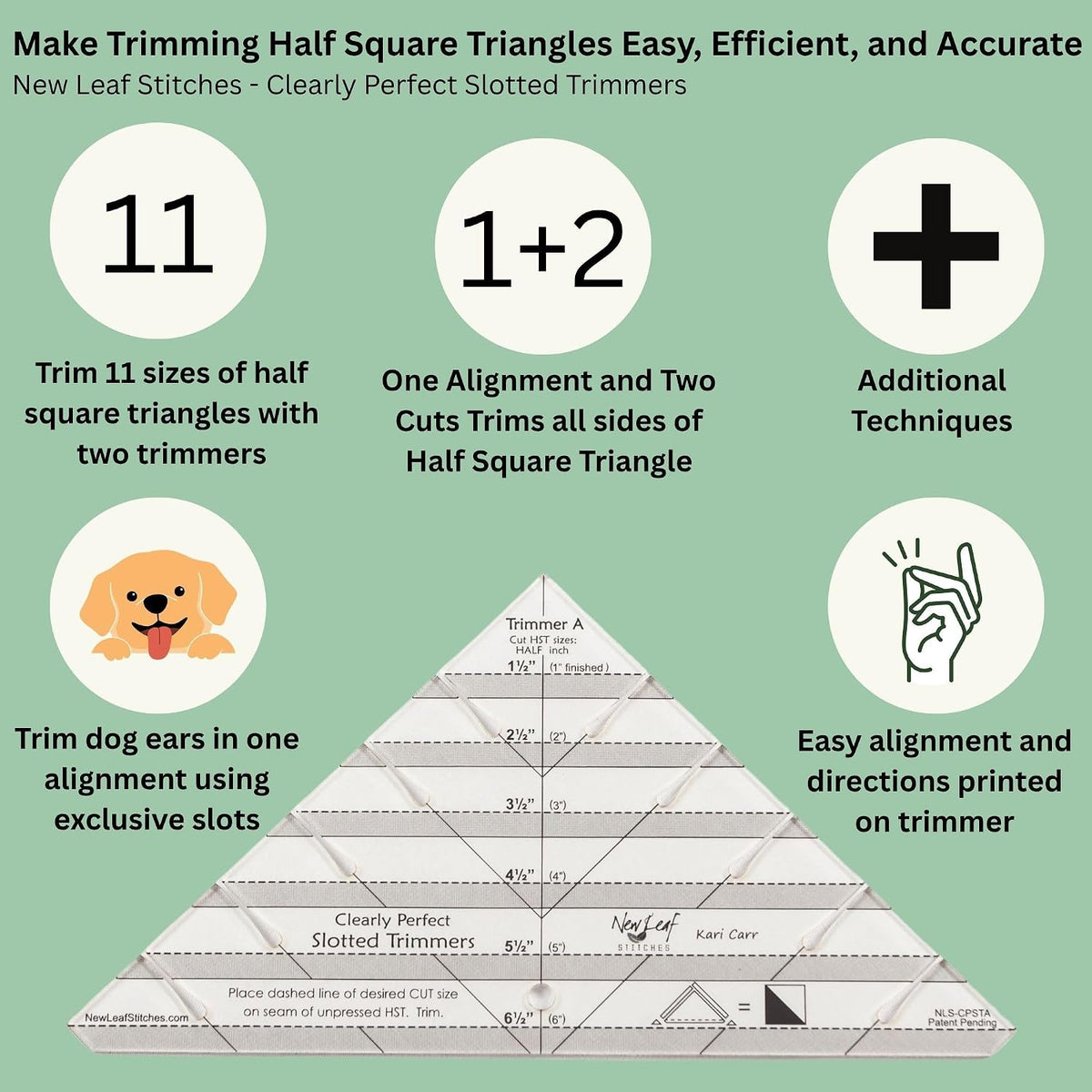New Leaf Stitches Clearly Perfect Slotted Trimmer — Acrylic Quilting Ruler for Half Square Triangles & HST Cutting — Slotted Quilting Ruler for Strip Piecing, Block Construction & Accurate Trimming