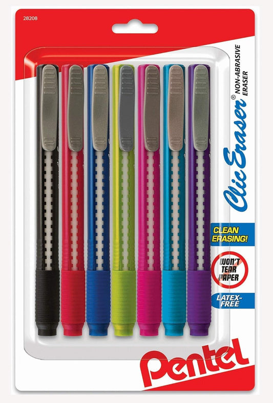 Pentel Clic Retractable Eraser, Assorted Colored Pen Style Grip Erasers, Pack of 7