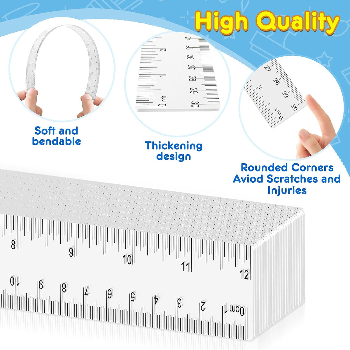 32 Pack Clear Plastic Ruler 12 Inch, Rulers Bulk for Classroom School