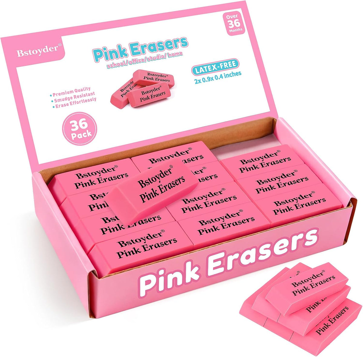 Pink Erasers Bulk, 36 Pack Rubber Pencil Erasers Bulk for School/Office, Latex-Free Smudge-Free Soft Bevel Erasers for Students, Bulk School Supplies for Classrooms, Teachers, Home, Office, Art Class