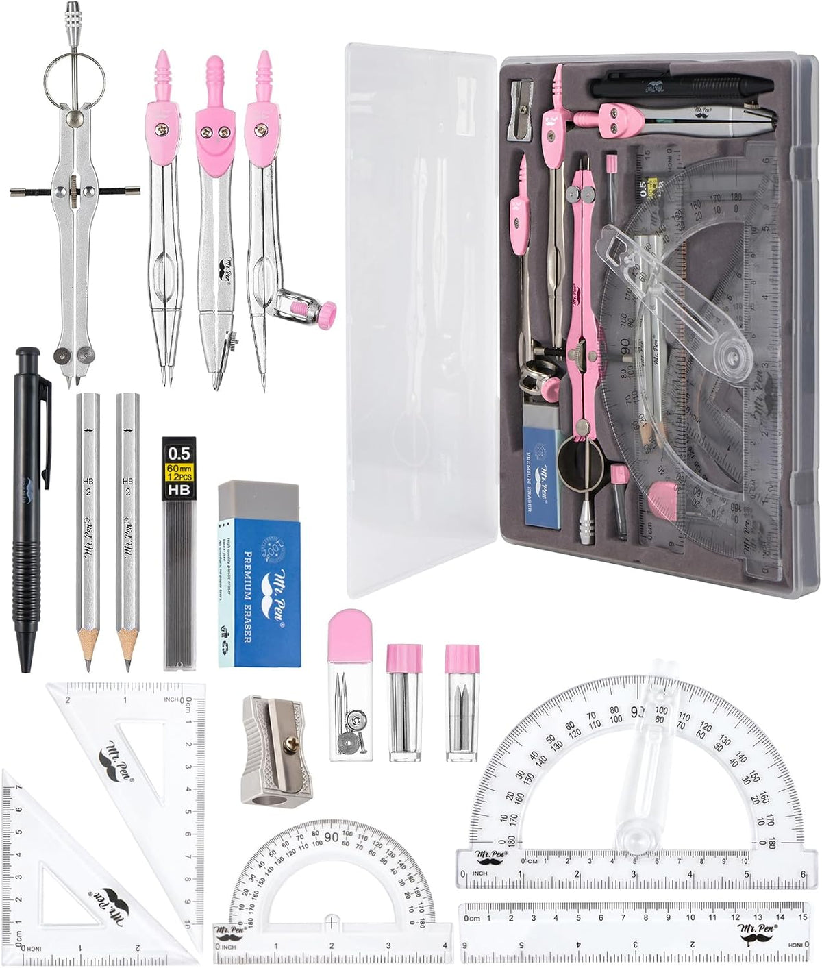 Mr. Pen- Geometry Set, 15 pcs, Pink, 6 Inch Swing Arm Protractor, Divider