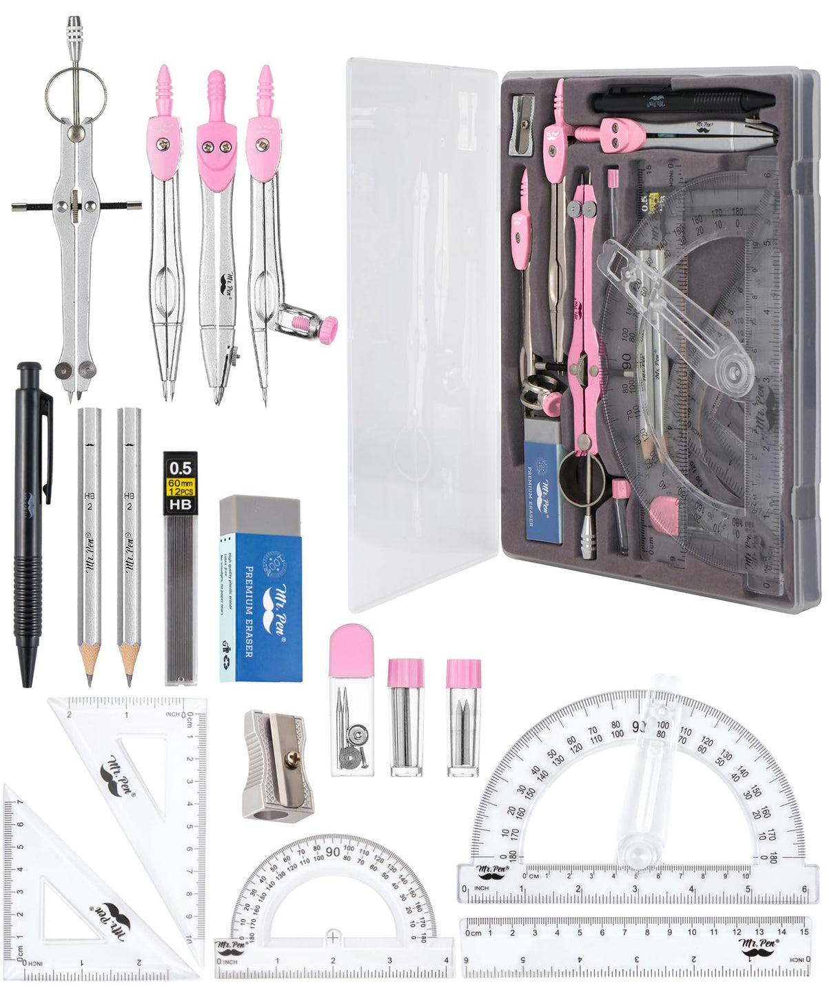 Mr. Pen- Geometry Set, 15 pcs, Navy Blue, 6 Inch Swing Arm Protractor
