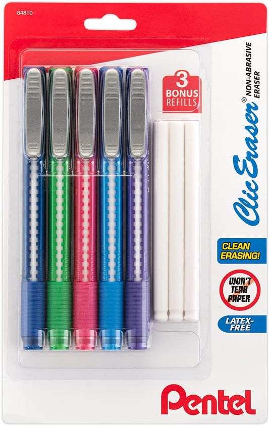 Pentel Clic Retractable Eraser, Assorted Colored Pen Style Grip Erasers, Pack of 5 + 3 Refills