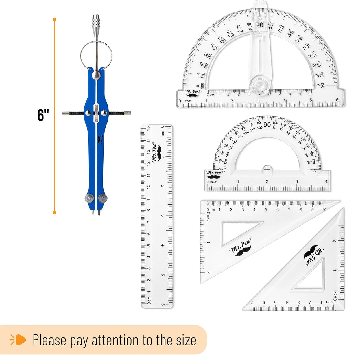 Mr. Pen- Geometry Set, 15 pcs, Navy Blue, 6 Inch Swing Arm Protractor