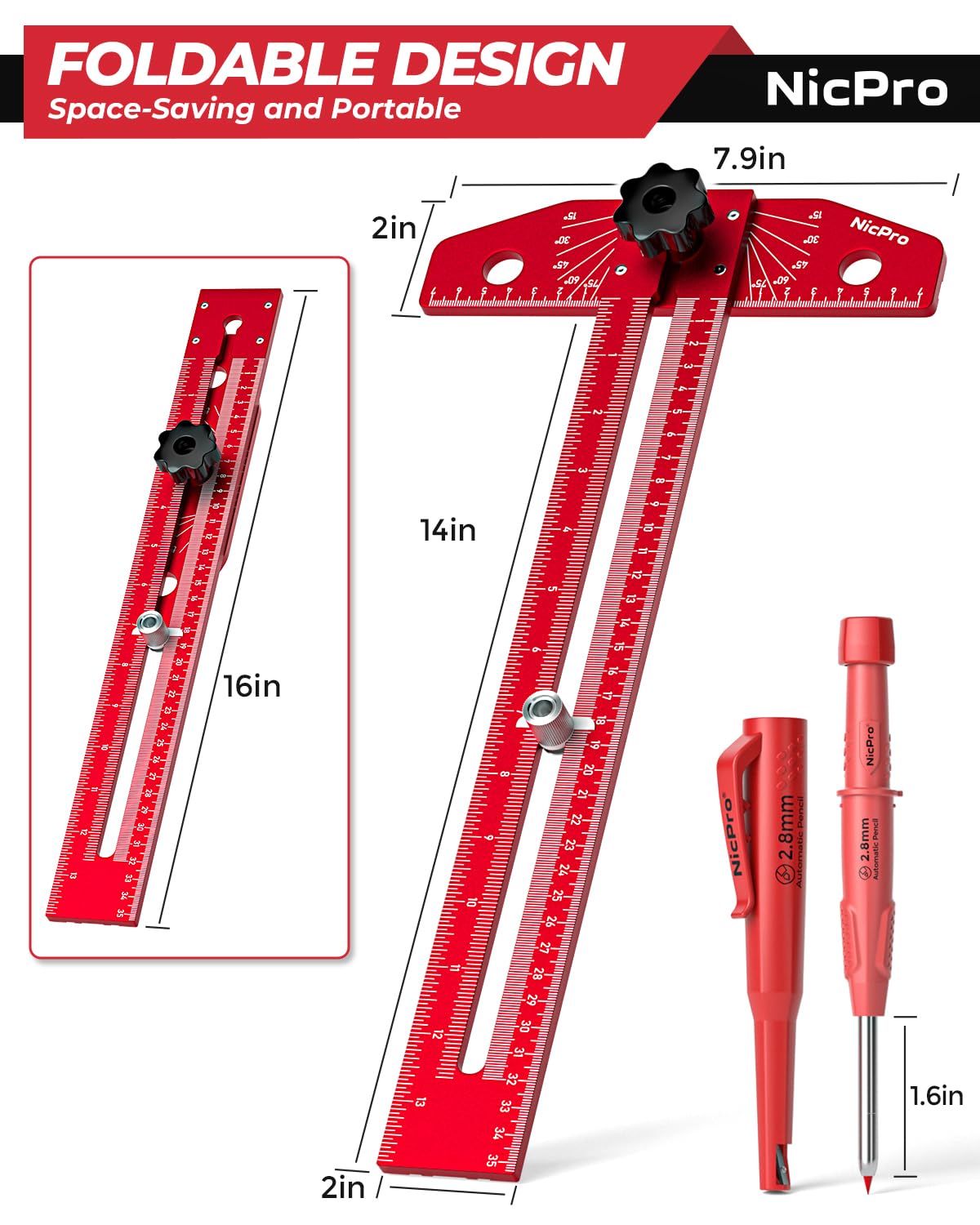 Nicpro Woodworking Scriber T Ruler with Pencil, Aluminum Alloy T Square