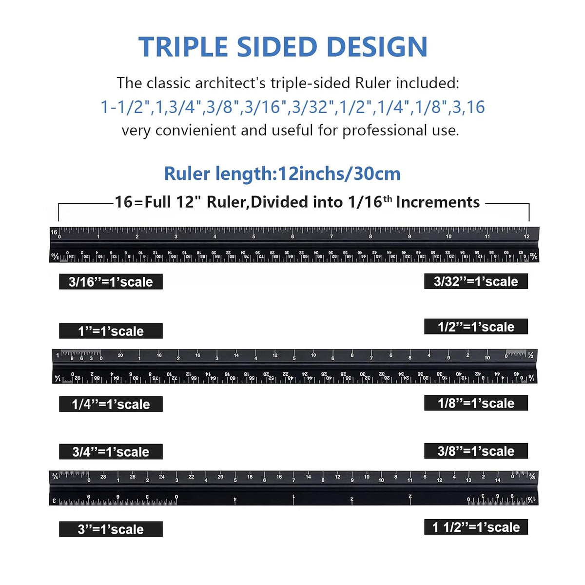 Architectural&Engineering Triangular Scale Ruler with Stainless Steel Ruler