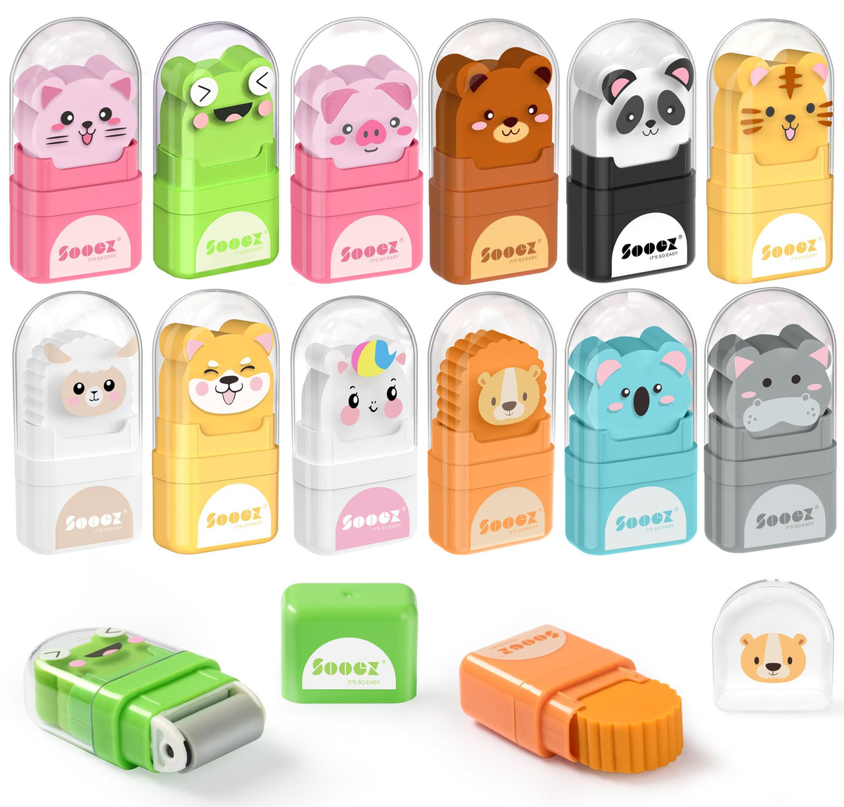 Sooez 12 Pack Pencil Erasers, Cute Animal Eraser with Clean Up Roller