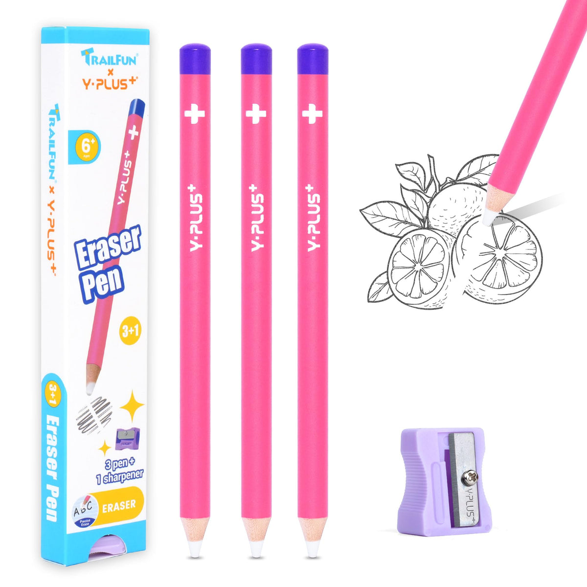 Eraser Pen with Sharpener, Fine Detail Erasing, Blue, 3 Pcs
