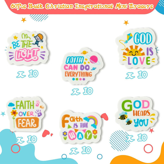 Christian Inspirational Mini Erasers Back to School 60Pcs Inspirational Faith Over Fear Pencil Eraser Colorful God 3D Desk Puzzle Statione Pet for Student Kid Classroom Reward Birthday Supplies