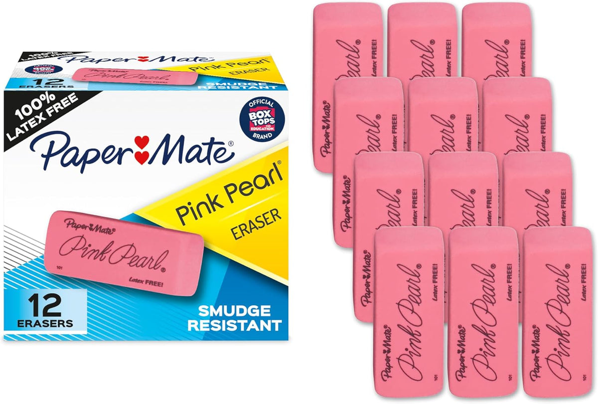 Paper Mate Erasers, Pink Pearl, 12 Count - Latex Free and Smudge Resistant, Back to School, Teacher Supplies