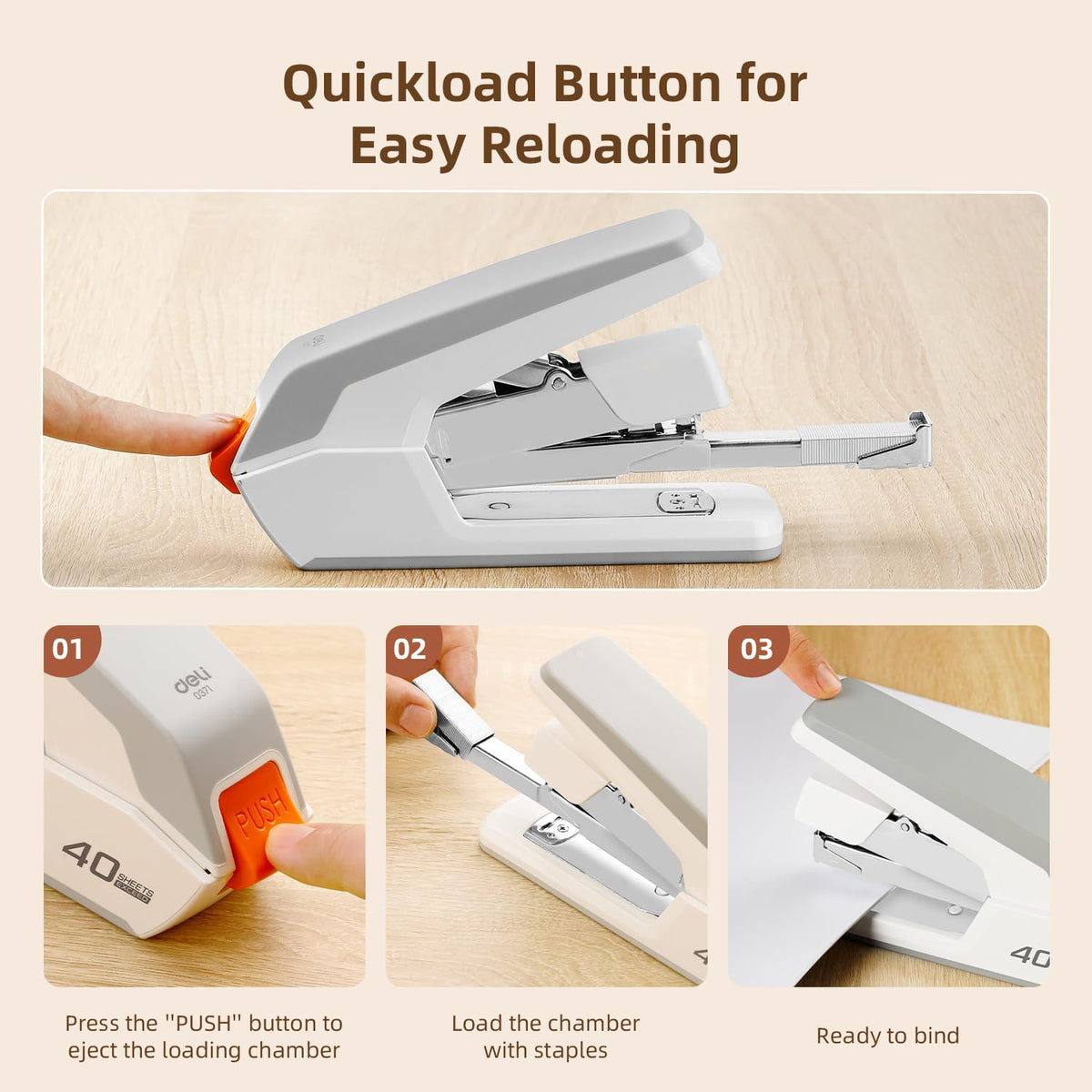 Deli Effortless Desktop Stapler, Heavy Duty Stapler, White