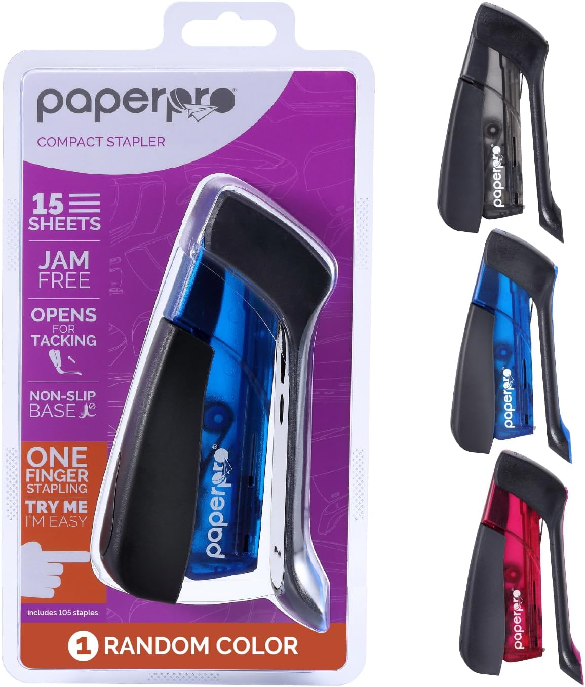 PaperPro Compact Classic Stapler, 15 Sheet, 80% Easier Stapling, Assorted