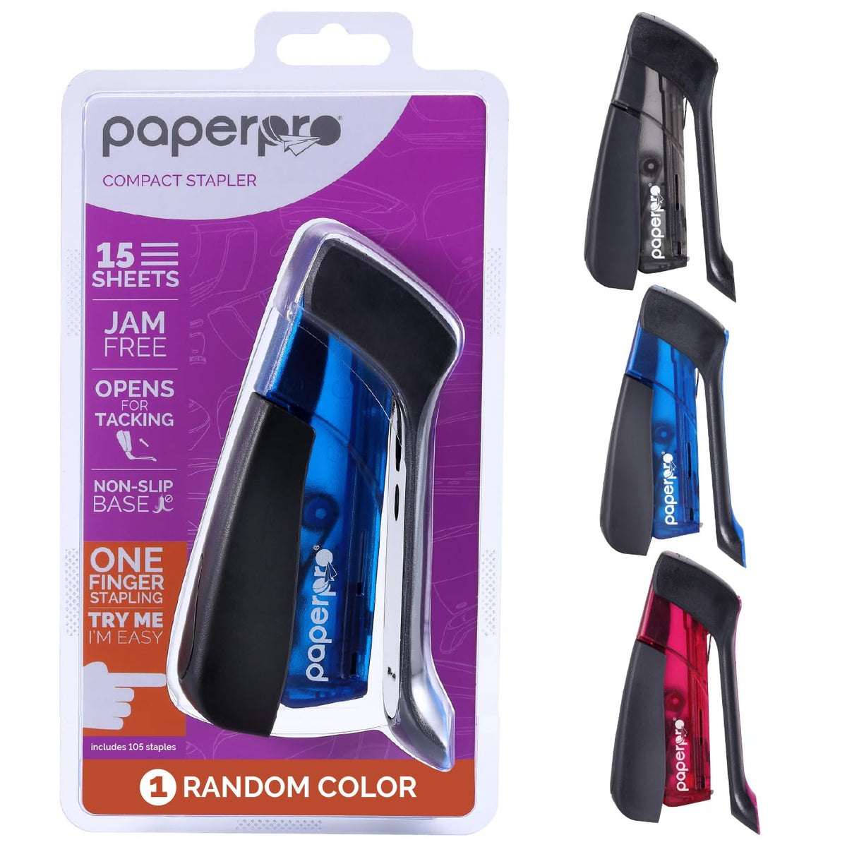 PaperPro Compact Classic Stapler, 15 Sheet, 80% Easier Stapling, Assorted