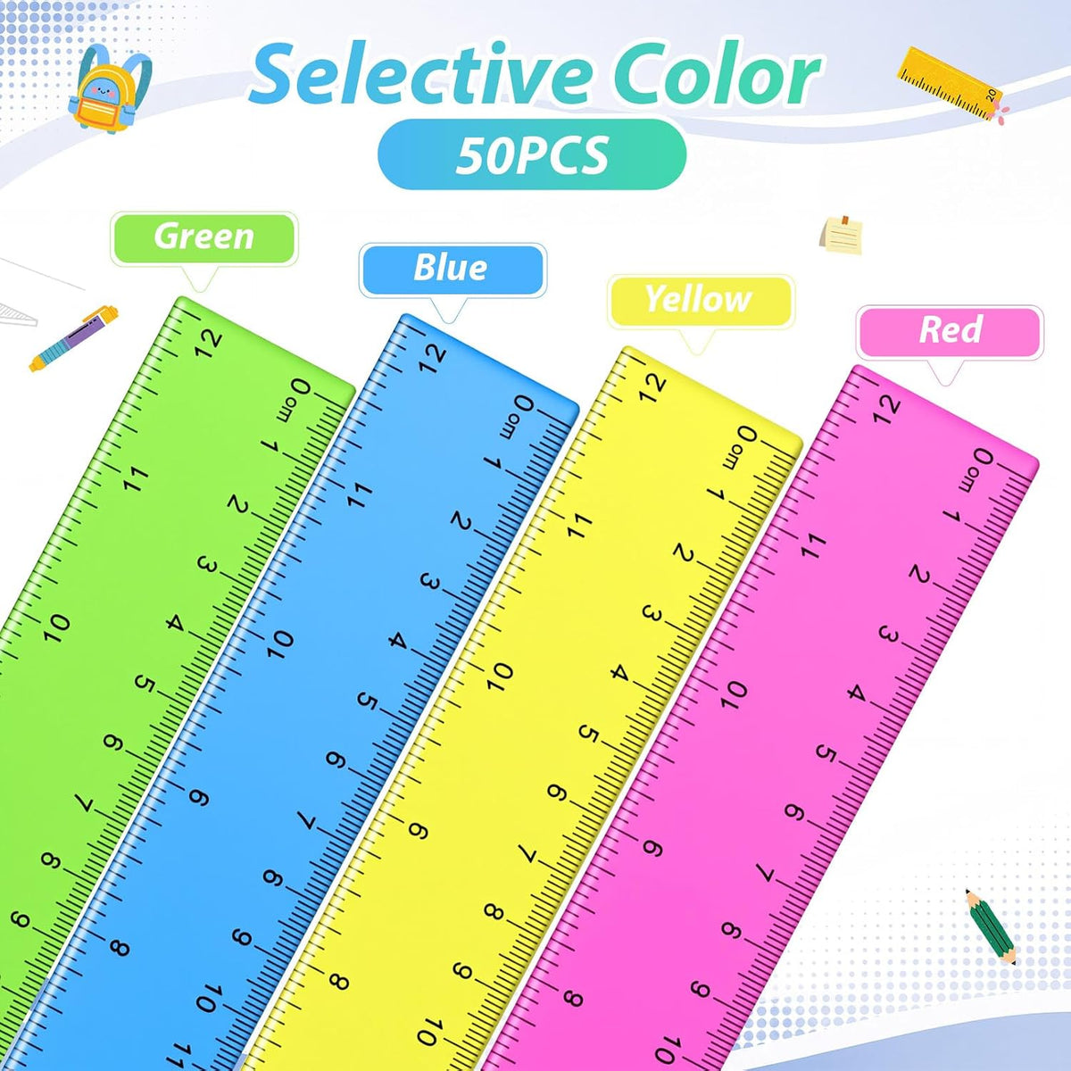Eboot 50 Pack 12 in Clear Plastic Rulers Bulk for Classroom, School, Colorful