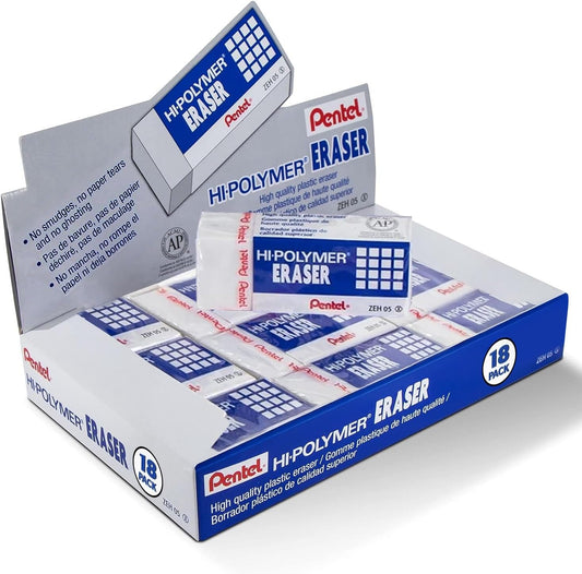 Pentel Hi-Polymer Eraser - White Polymer Block Erasers, Small, Pack of 18