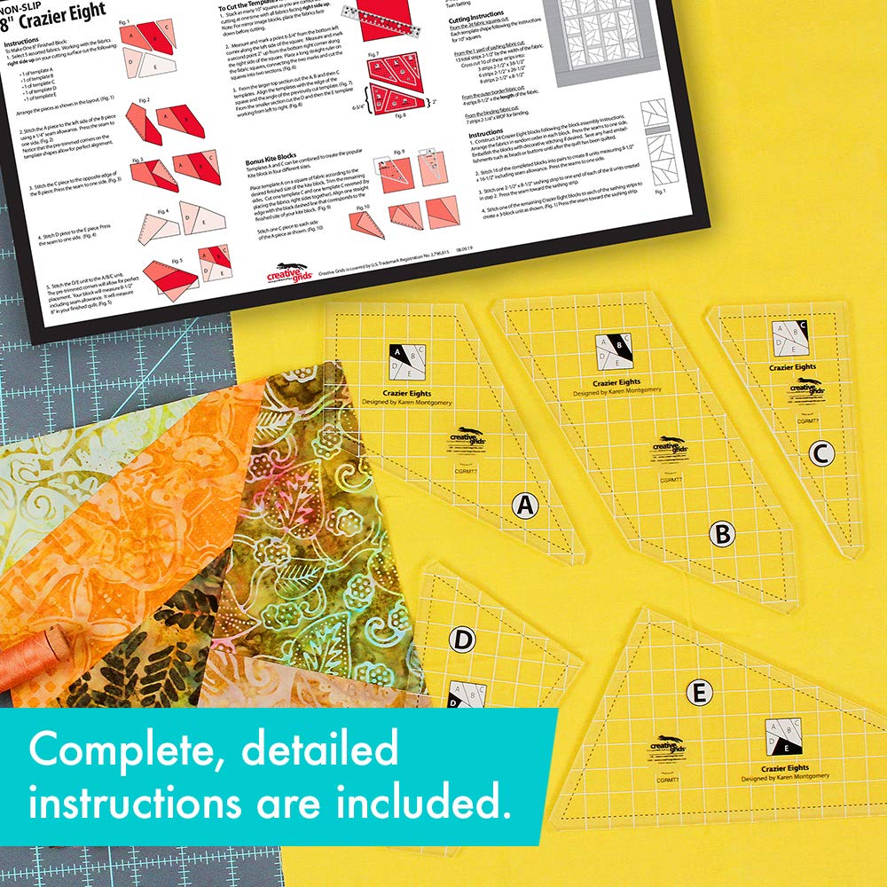 Creative Grids Crazier Eights Template and Quilt Ruler – CGRMT7 – Made in USA, 6in x 9in, Non-Slip Grip Acrylic Quilting, Sewing, Crafting, Patchwork Ruler & Template