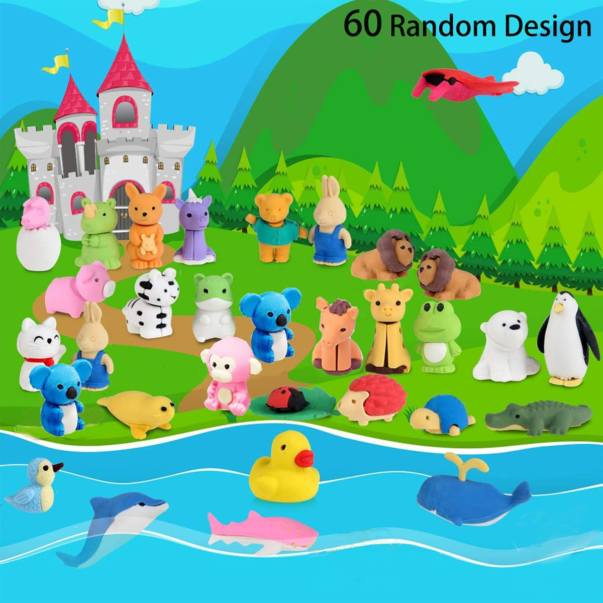 URSKYTOUS 60Pcs Animal Erasers Desk Pets for Kids,Classroom Prizes