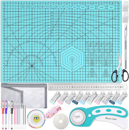 Rotary Cutting Mat and Tools Set, Audab 45mm Fabric Cropping Cutter Wheel with A3 Self Healing Sewing Mat, Blades, Quilting Ruler and Clips, Crafts Knife for Shirt Cloth Patchworking Scrapbooking