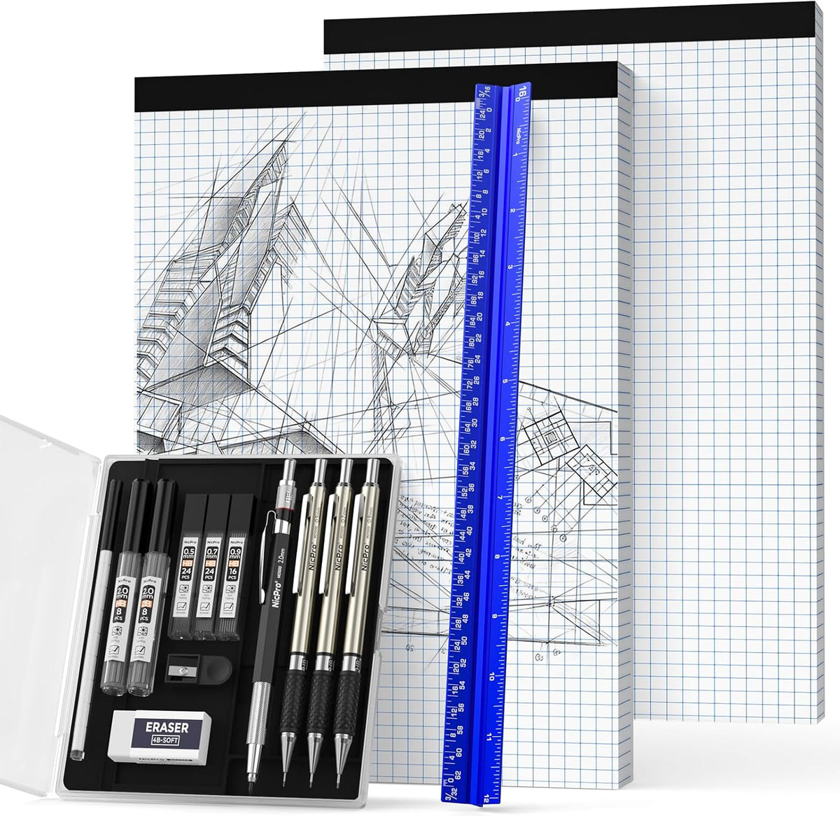 Nicpro 16PCS Drafting Tool Geometry Set with 12'' Architectural Scale Ruler