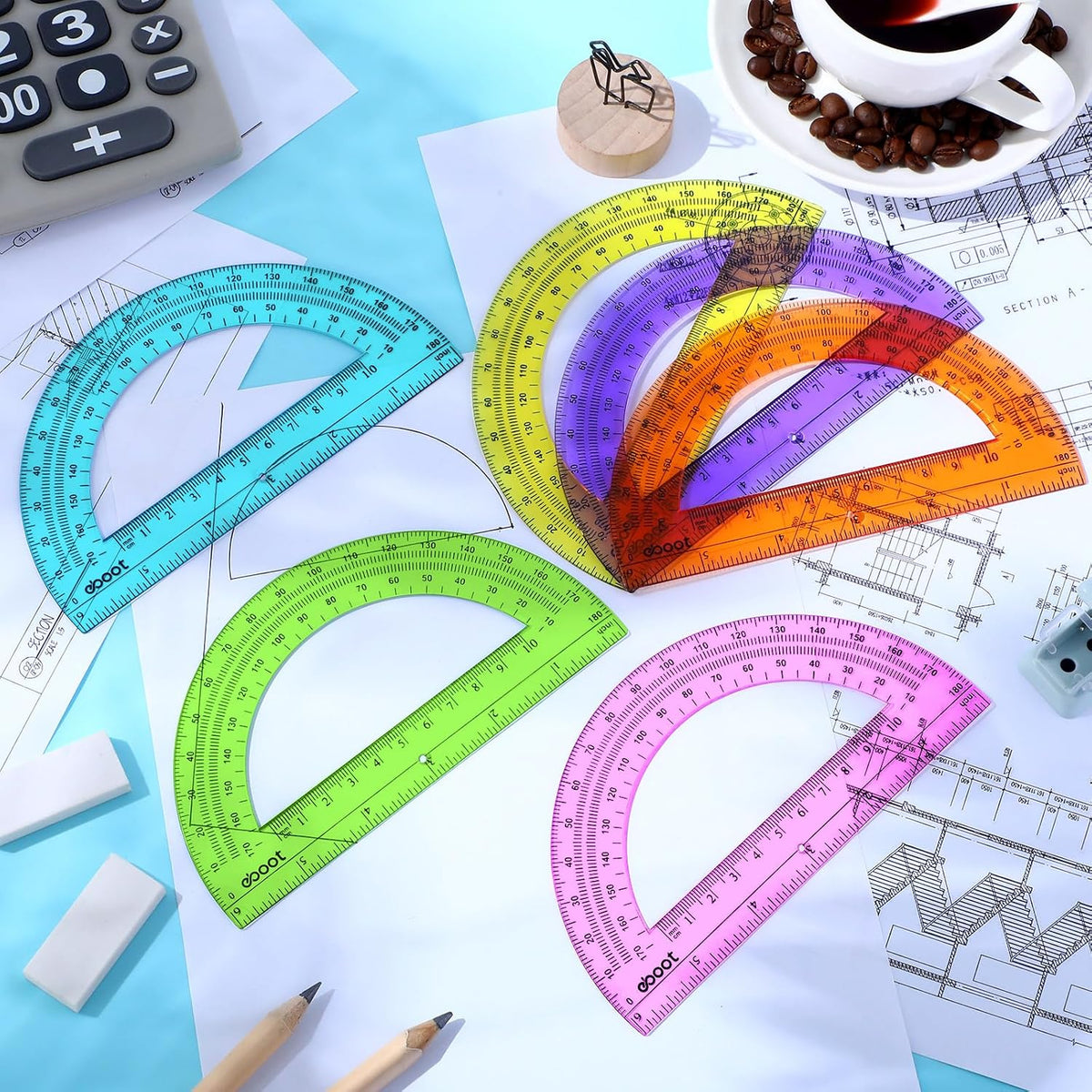 EBOOT 24 Pack Plastic Protractors Math Protractor 180 Degrees 6 Inch(Multi Colors)