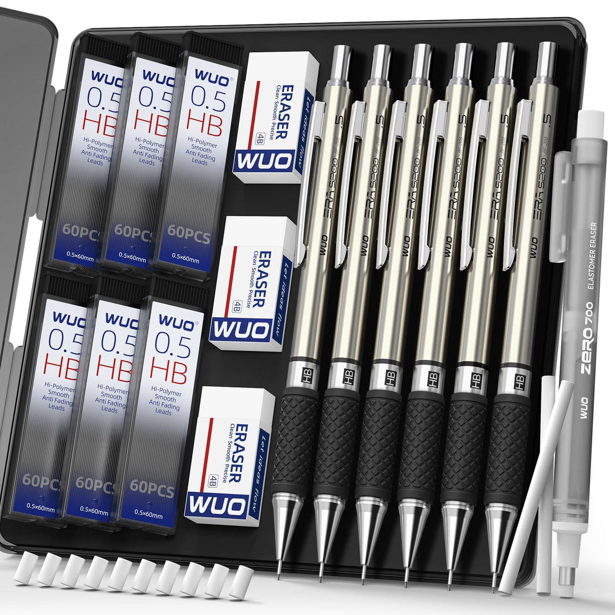 WUO 0.7 mm Mechanical Pencil Set with Eraser Pen Storage Case, 3 PCS