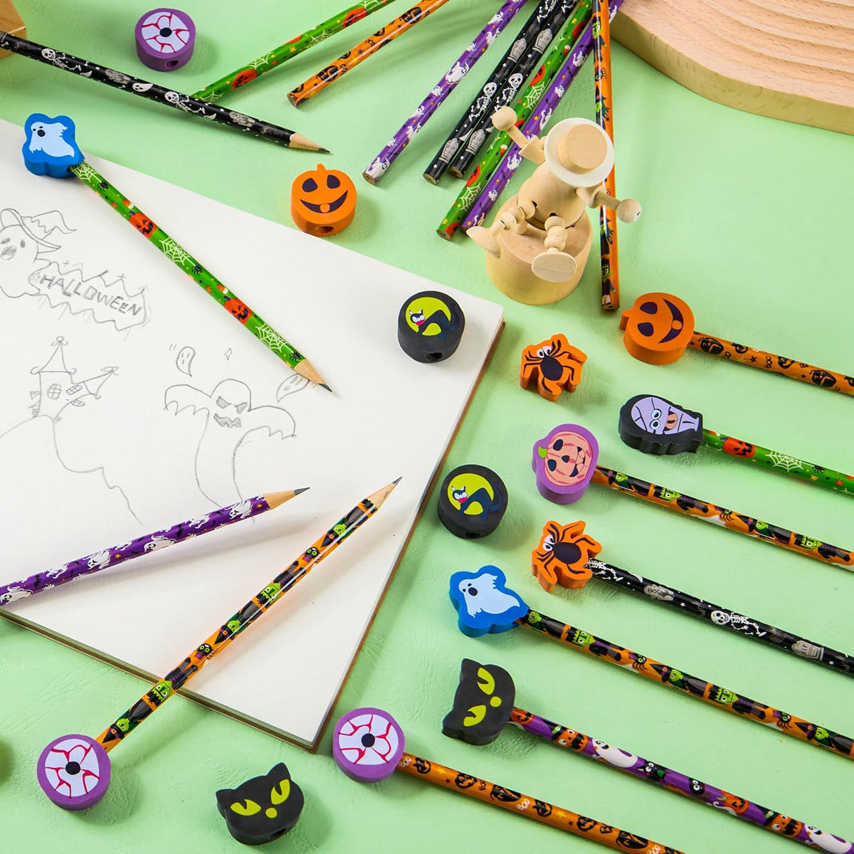 JOYIN 108PCS Halloween Pencils with Erasers Stationery Set, 108 Colorful Pencils in 6 Design, 108 Giant Erasers in 12 Style for Kid Trick or Treat, Halloween Party Favor Supplies, Classroom Prize Gift
