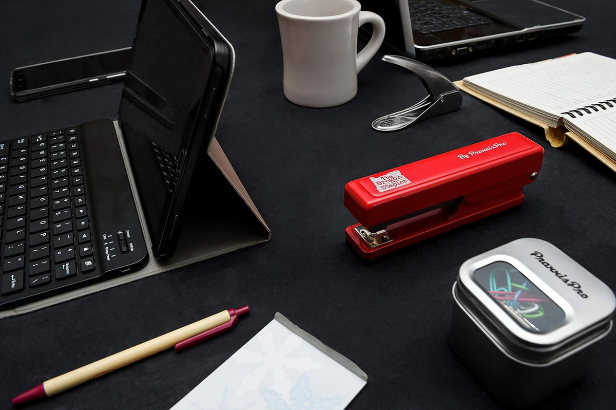 The Oregon Stapler, Built in USA, Built-in Staple Remover, Staples 2 to 25 Sheets, Includes Box of 1,250 "Powerhouse Standard 26/6 Staples, for Home, School or Office, Red