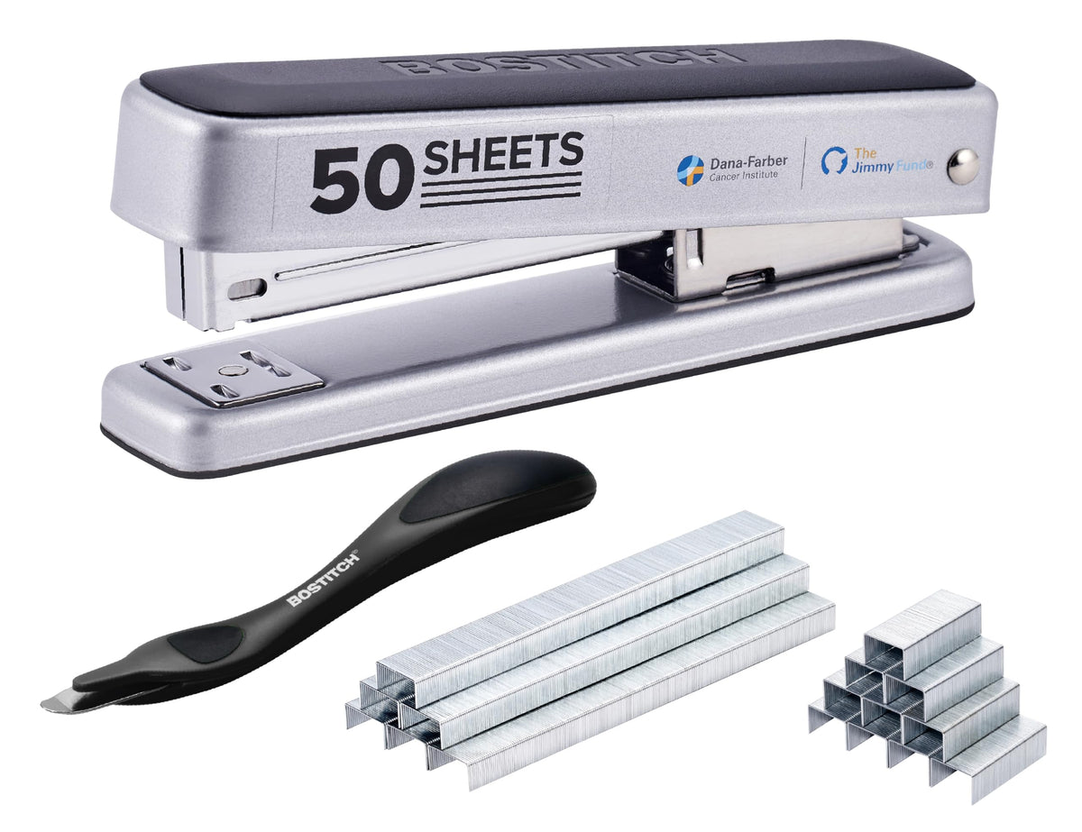 Bostitch Titan Heavy Duty Metal Stapler, 50 Sheet Capacity with 1250 Staples and Ergonomic Staple Remover, Jam Free Stapling, Full Strip Stapler for Desk, Office and Classroom, Silver