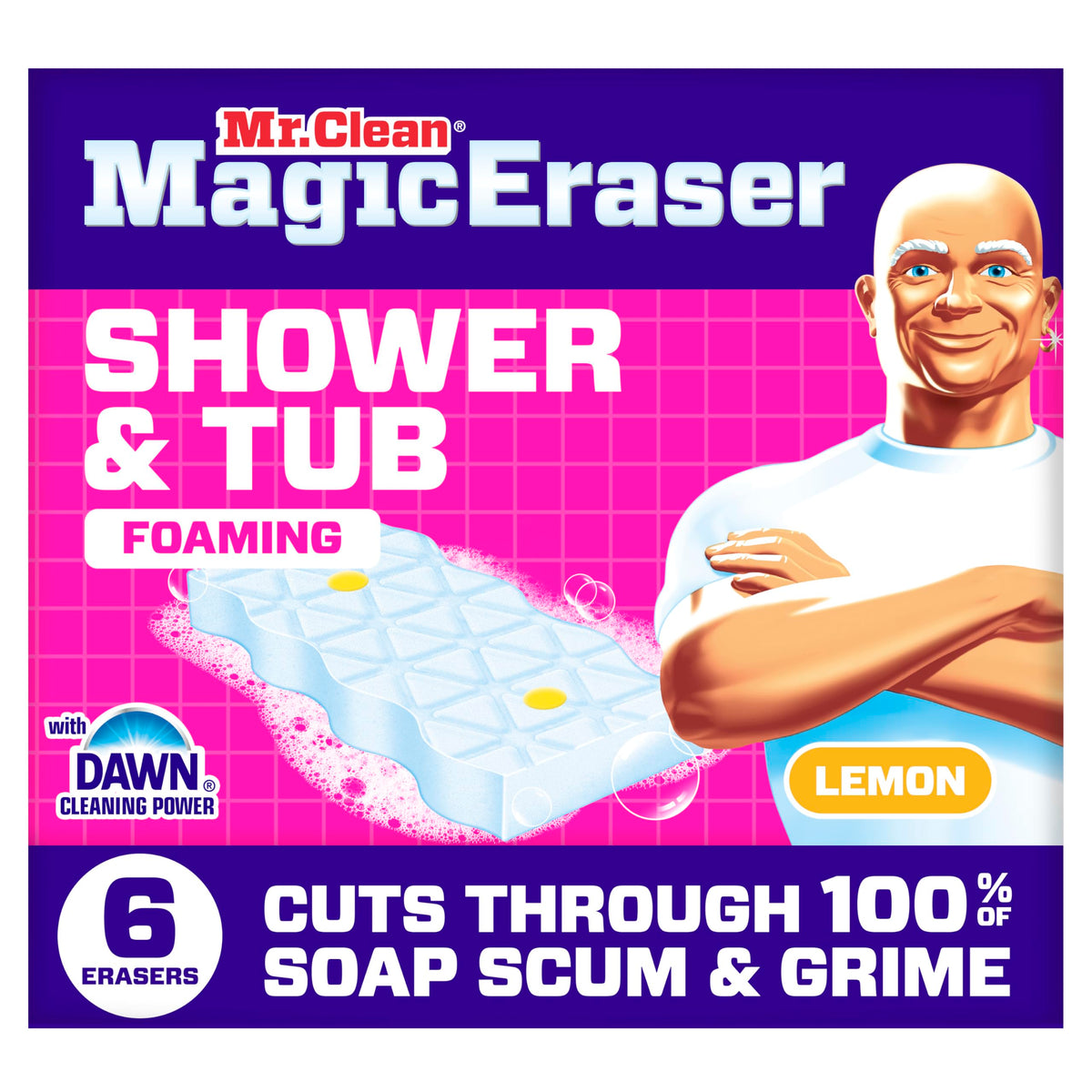 Mr. Clean Magic Eraser Sponge, Bathroom, Shower, Tub Cleaner, Soap Scum Remover, Bathroom Cleaning Supplies, Dawn Cleaning Power with Lemon Scent, Shower & Tub, 8ct