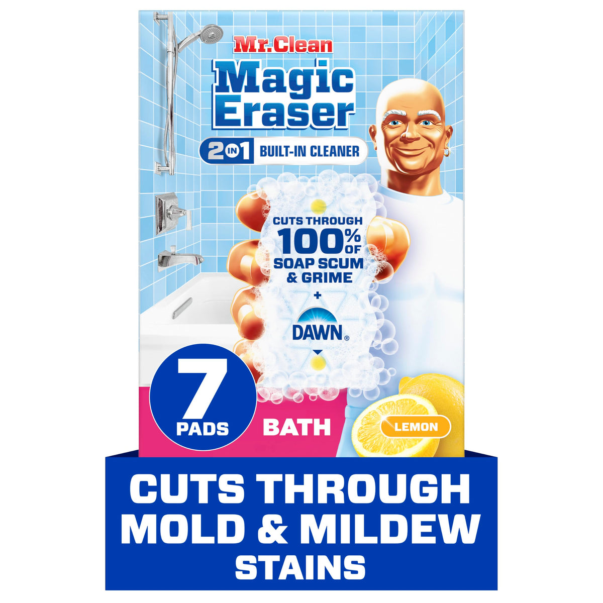 Mr. Clean Magic Eraser Sponge, Bathroom, Shower, Tub Cleaner, Soap Scum Remover, Bathroom Cleaning Supplies, Dawn Cleaning Power with Lemon Scent, Shower & Tub, 8ct