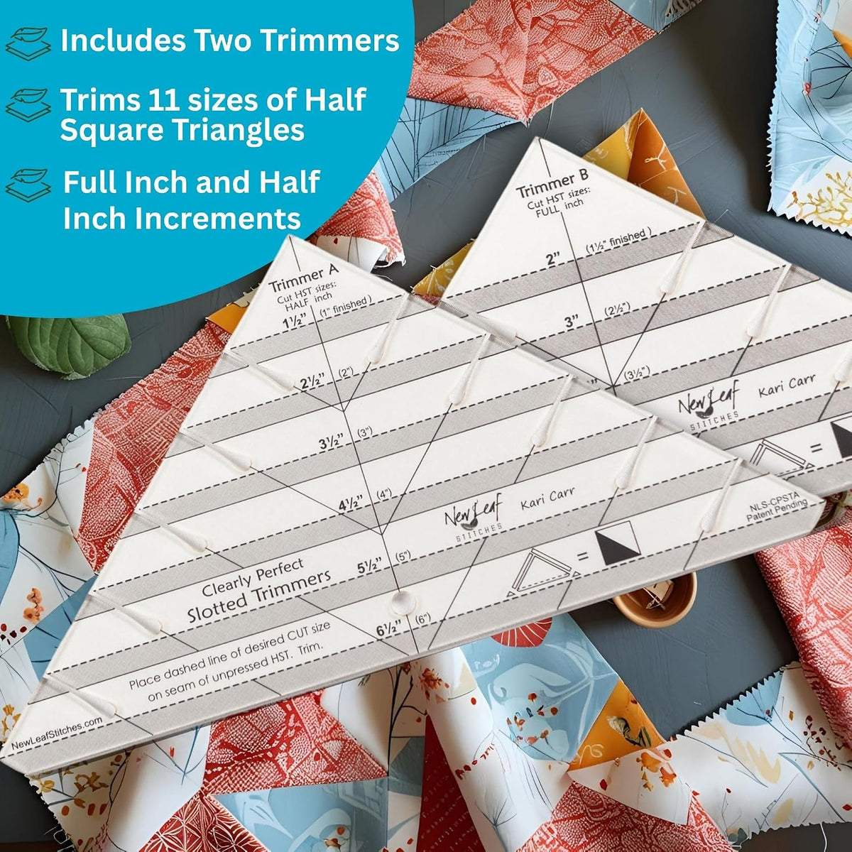 New Leaf Stitches Clearly Perfect Slotted Trimmer — Acrylic Quilting Ruler for Half Square Triangles & HST Cutting — Slotted Quilting Ruler for Strip Piecing, Block Construction & Accurate Trimming