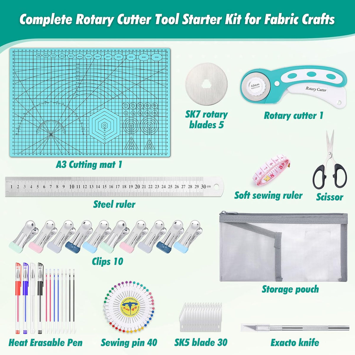 Rotary Cutting Mat and Tools Set, Audab 45mm Fabric Cropping Cutter Wheel with A3 Self Healing Sewing Mat, Blades, Quilting Ruler and Clips, Crafts Knife for Shirt Cloth Patchworking Scrapbooking