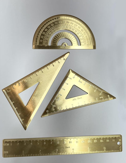 Golden Brass Ruler Stationery Set, (Durable Isosceles - Right Triangular Ruler1, Solid Ruler 18cm Scale1, Right Triangular Ruler1, Solid Protractor1)