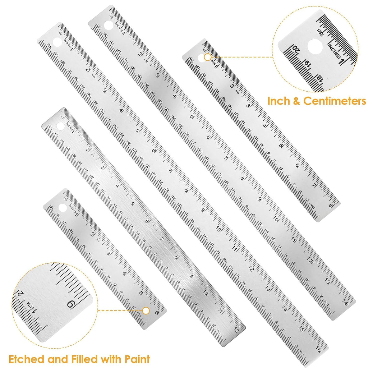 5Pcs Cork Backed Ruler Stainless Steel Metal Ruler Straight Edge Rulers