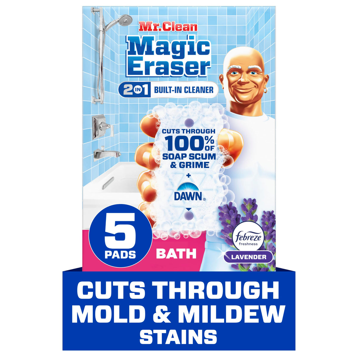 Mr. Clean Magic Eraser Sponge, Bathroom Cleaner, Shower Cleaner, Tub Cleaner, Soap Scum Remover, Bathroom Cleaning Supplies, Dawn Cleaning Power with Febreze Lavender Scent, 2 in 1 Bath, 7ct