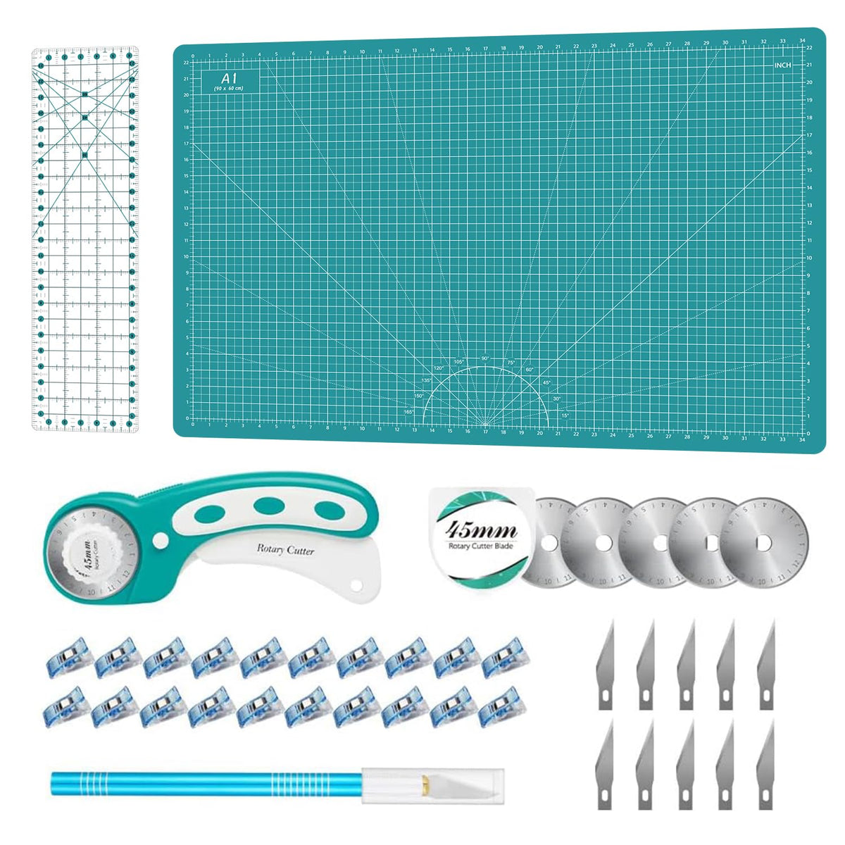 Headley Tools Rotary Cutter Set - 45mm Fabric Cutter, 5 Extra Rotary Blades, A3 Cutting Mat, Quilting Ruler and Sewing Clips, Craft Knife Set, Ideal for Crafting, Sewing, Patchworking, Purple
