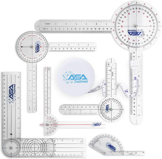 ASA TECHMED Goniometer Complete Set 6 Pieces + Body Measuring Tape - Physical Therapy, Occupational Therapy, Fitness, Medical Protractor Angle Ruler 12/8/6 Inches