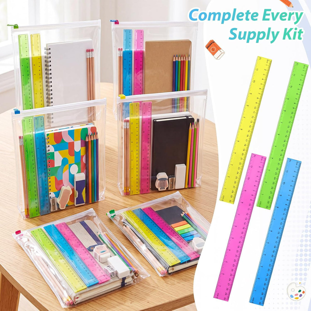 Eboot 50 Pack 12 in Clear Plastic Rulers Bulk for Classroom, School, Colorful