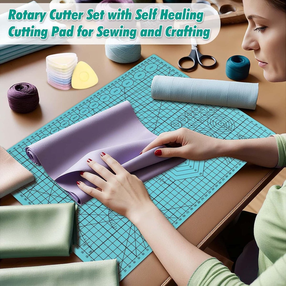 Rotary Cutting Mat and Tools Set, Audab 45mm Fabric Cropping Cutter Wheel with A3 Self Healing Sewing Mat, Blades, Quilting Ruler and Clips, Crafts Knife for Shirt Cloth Patchworking Scrapbooking