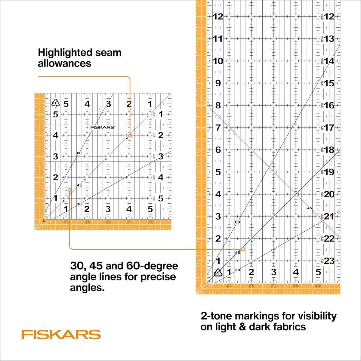 Fiskars 3-Piece Ruler & Connector Set, 6.5" x 6.5" & 6.5" x 24.5" Rulers