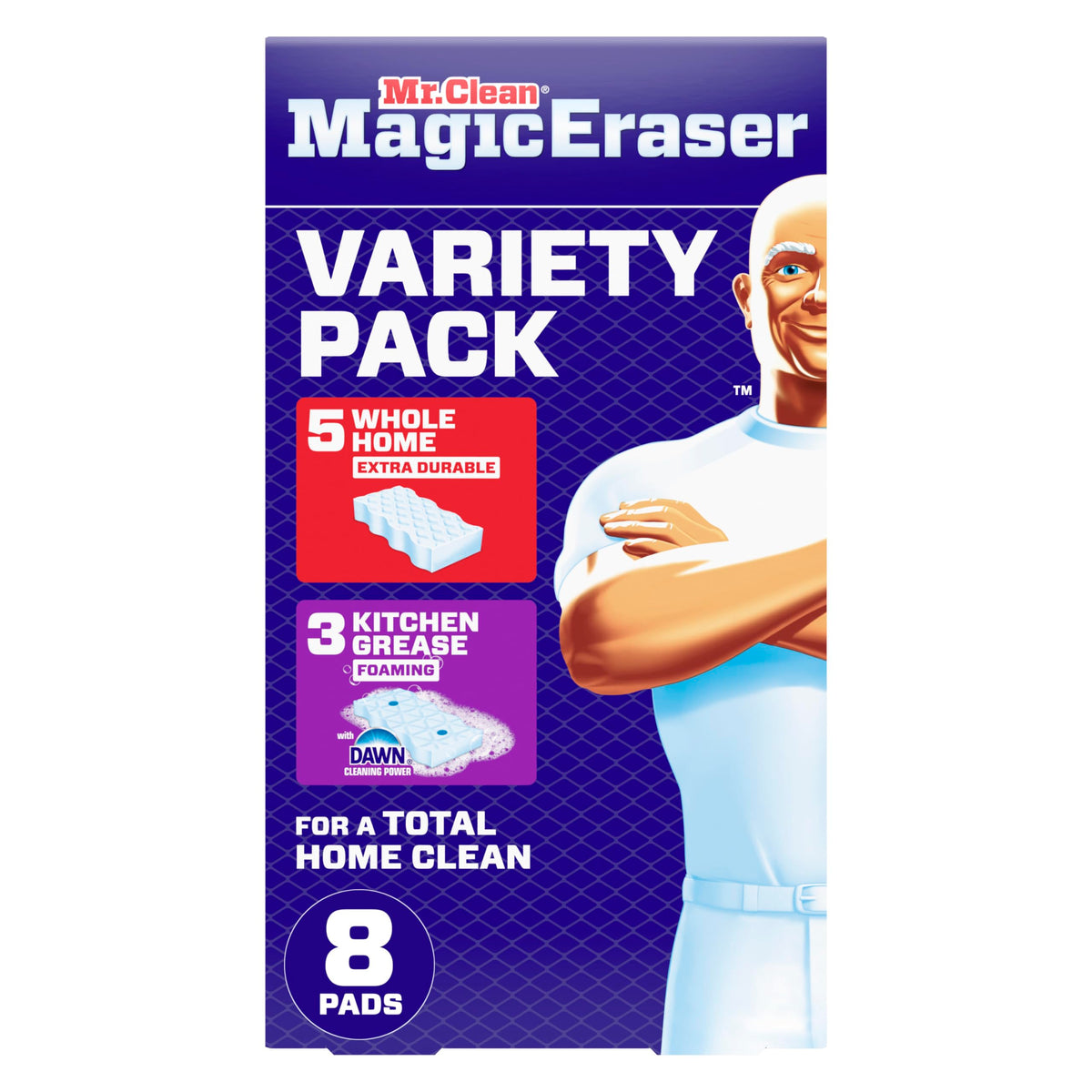 Mr. Clean Magic Eraser Sponge, All Purpose Cleaner, Cleaning Scrubber, Wall, Kitchen, Bathroom, Shower Cleaner, Melamine Sponge, Cleaning Pads, Variety Pack, 5 Extra Durable, & 3 Grease Magic Erasers