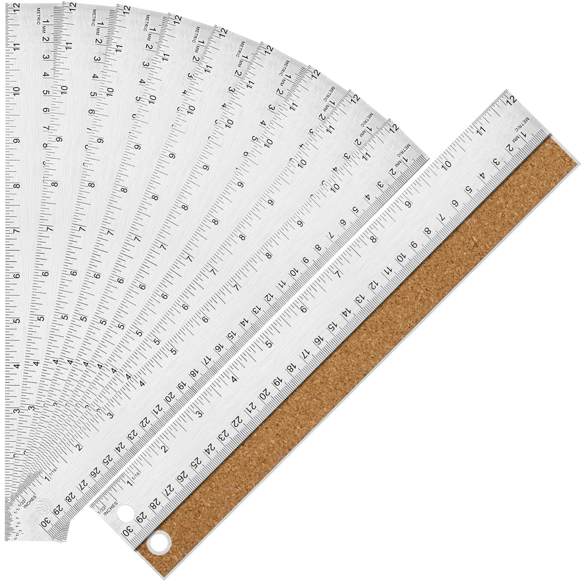 6+12+18 inch Metal Ruler with Cork Backing, Imperial & Metric Markings