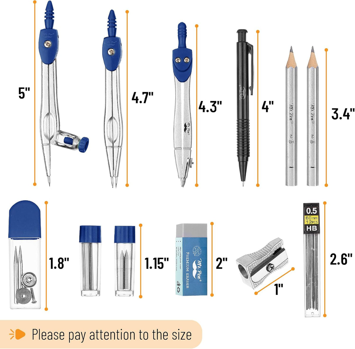 Mr. Pen- Geometry Set, 15 pcs, Navy Blue, 6 Inch Swing Arm Protractor