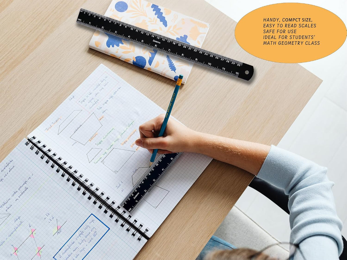 Metal Ruler 12 Inch, Metric Ruler Dual Scale with Laser Etched Measurement, 2 Pack Easy to Read Aluminum Straight Edge with Inch to Millimetre Conversion Table for Office Back to School Student