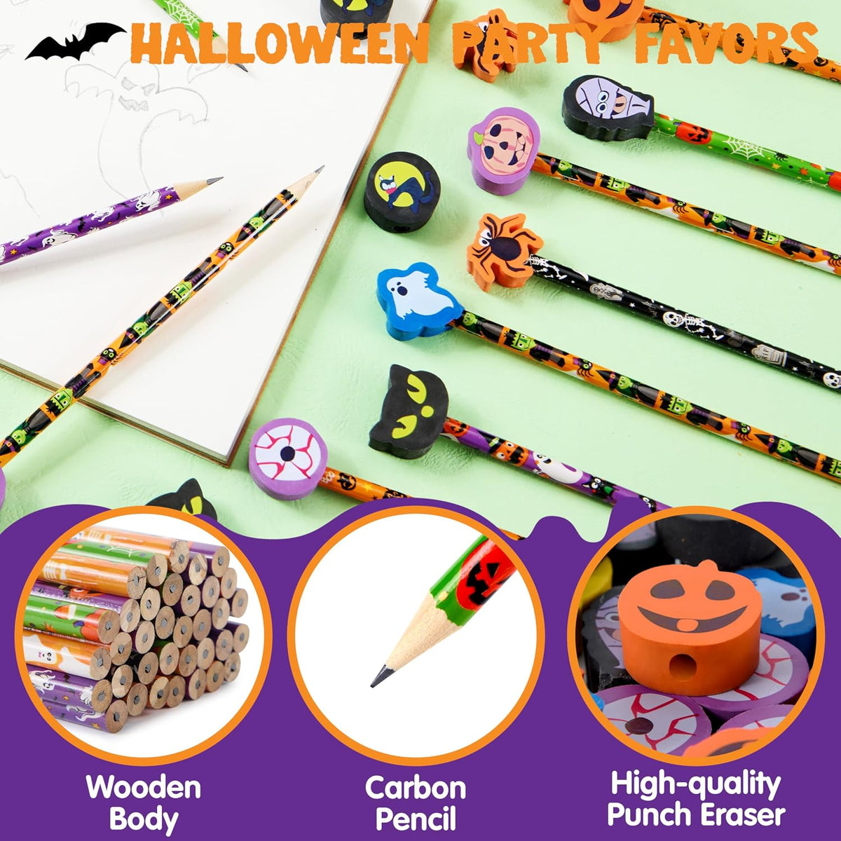JOYIN 108PCS Halloween Pencils with Erasers Stationery Set, 108 Colorful Pencils in 6 Design, 108 Giant Erasers in 12 Style for Kid Trick or Treat, Halloween Party Favor Supplies, Classroom Prize Gift