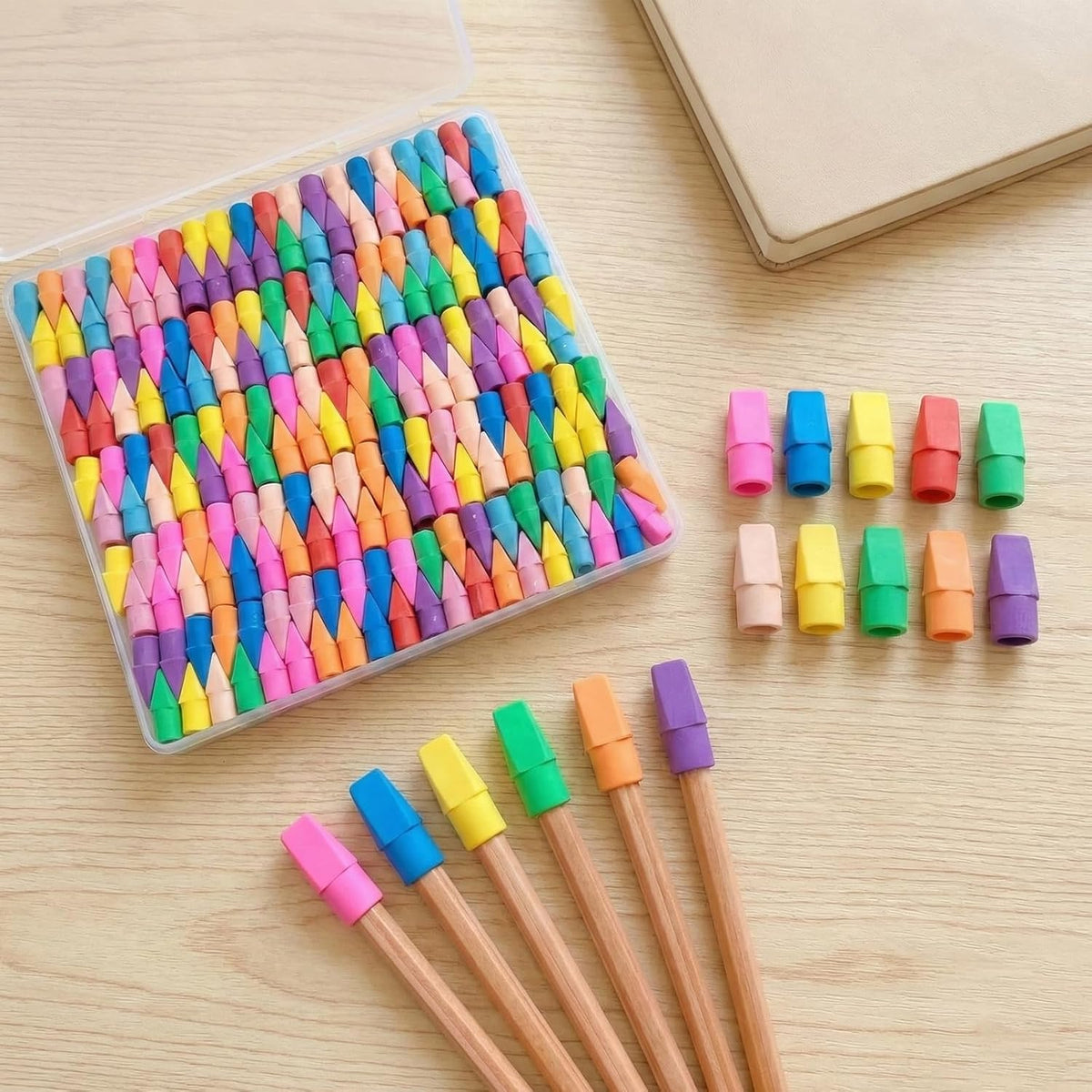 195 Pencil Top Erasers, Latex-Free Chisel Tips, 10 Colors with Storage Box