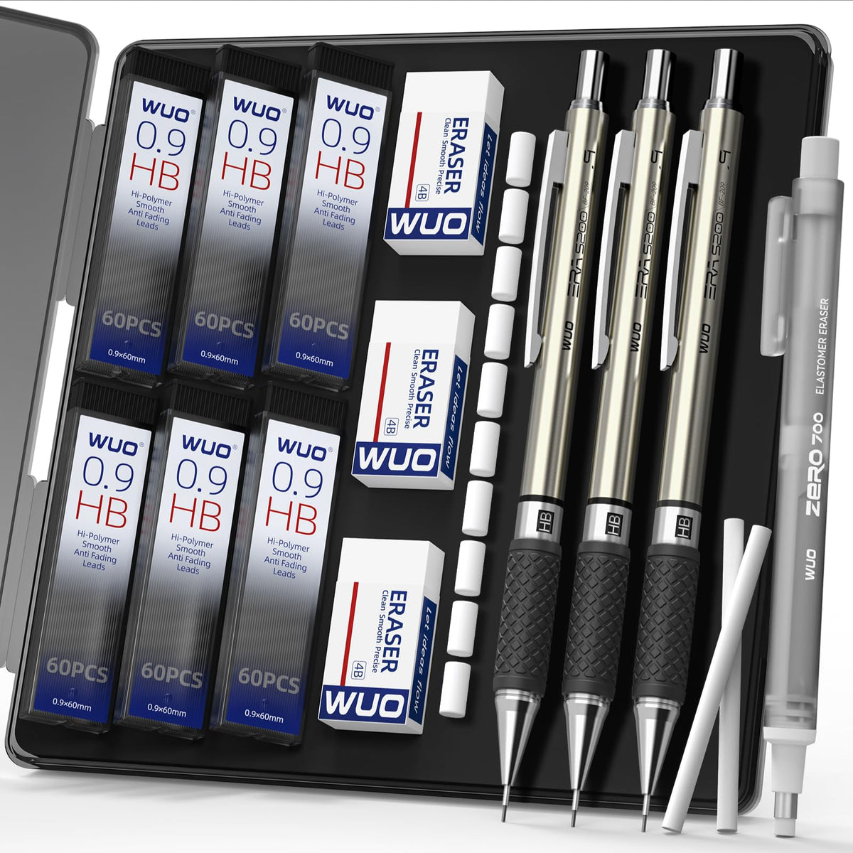 WUO 0.7 mm Mechanical Pencil Set with Eraser Pen Storage Case, 3 PCS